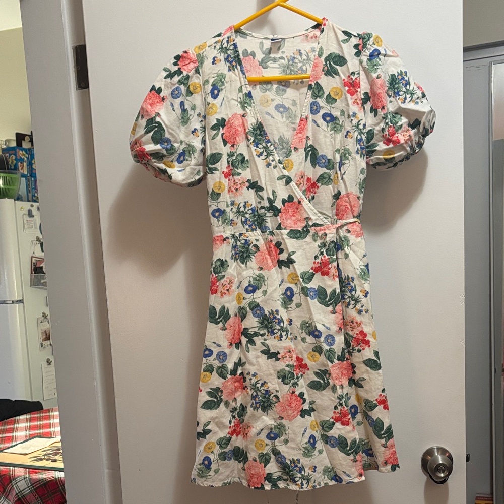 Linen cotton floral wrap dress